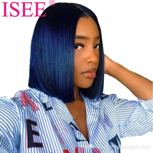 High Quality Top Sale Silk Base Short Blue Color Bob Wig Straight 13x4 Lace Front Human Hair Ombre Wigs